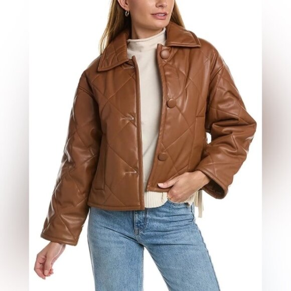NWT ELIE TAHARI Faux Leather Button Front Quilted Boxy Jacket Front Pockets Sz L
